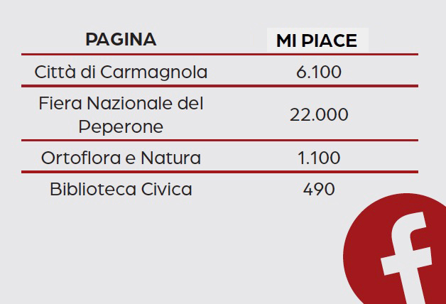 Città di Carmagnola: 6100 follower, Fiera Nazionale del Peperone: 22.000 follower, Ortoflora e Natura: 1100 follower, Biblioteca Civica: 490 follower